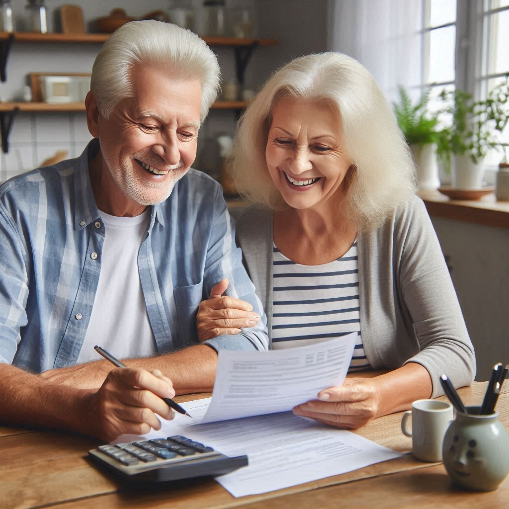 Senior couple reviewing documents at kitchen table